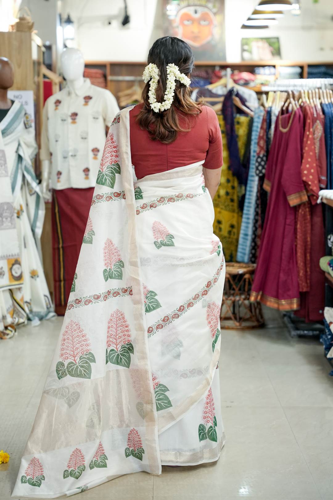 Chanderi Saree with Handblocked Krishnakireedam
