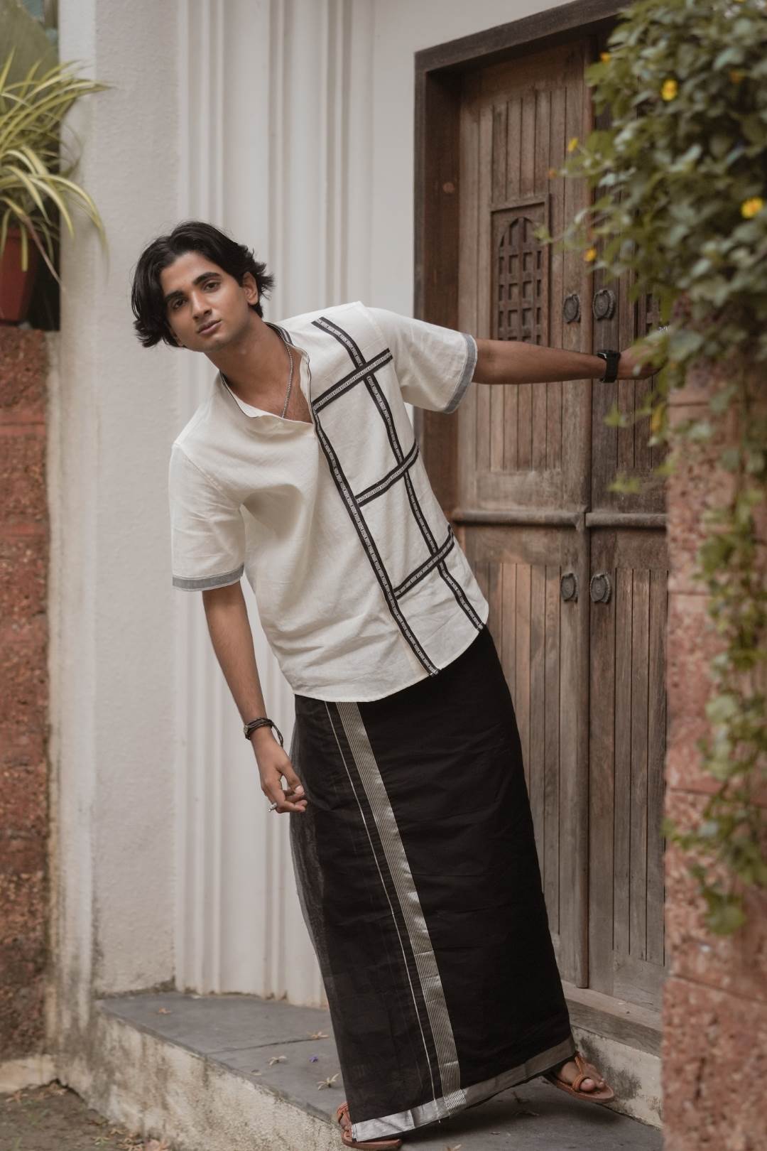 Offwhite Handloom Cotton Half Check Pattern Shirt