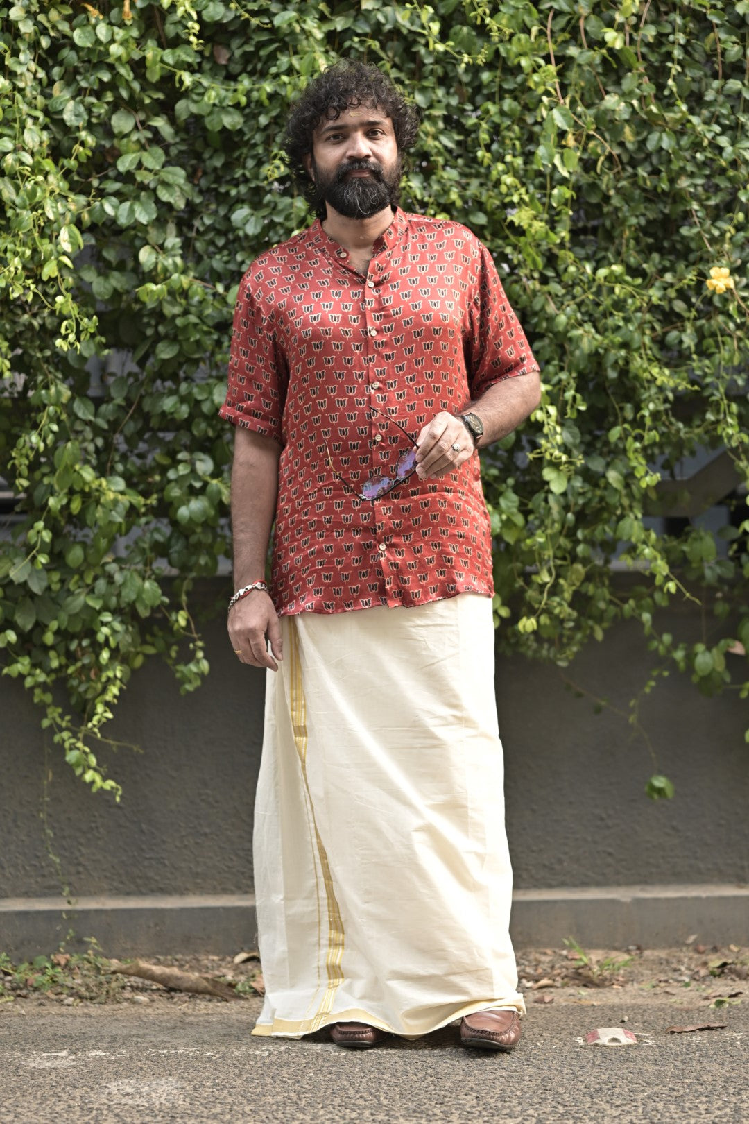 Red Base Lotus Print Half Sleeve Shirt
