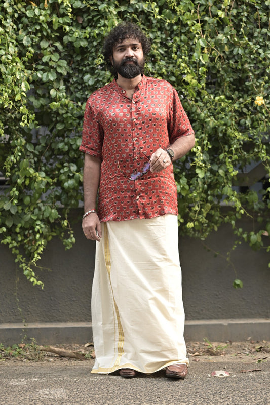 Red Base Lotus Print Half Sleeve Shirt