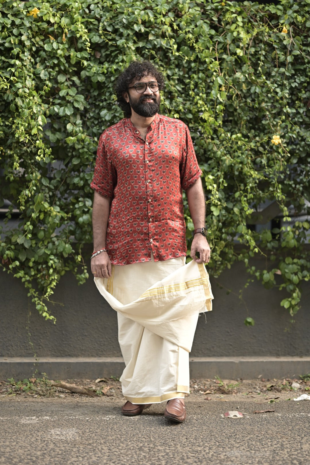 Red Base Lotus Print Half Sleeve Shirt