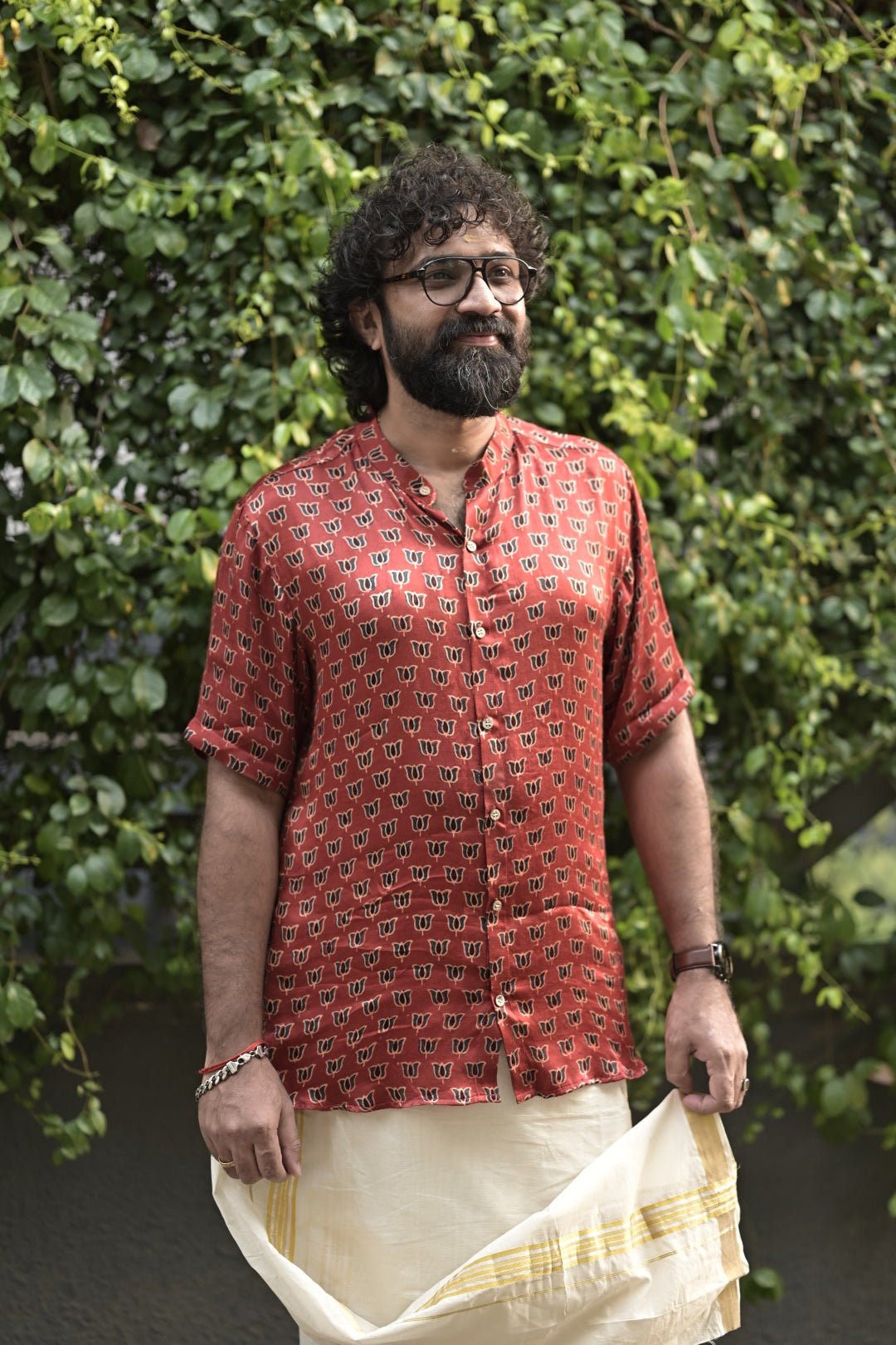 Red Base Lotus Print Half Sleeve Shirt