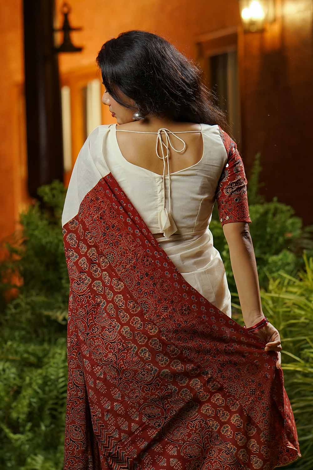 Off White & Red Multi Ajrakh Patch Blouse