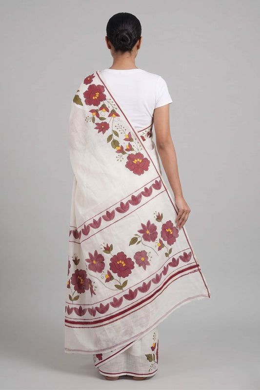 Offwhite Puliyilakara Haindpainted Saree