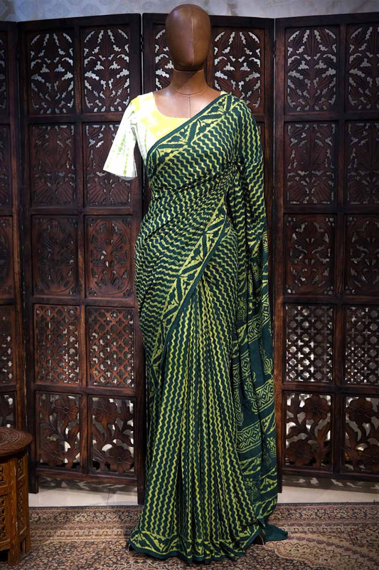 Indigo Green Mul mul Cotton Printed Saree