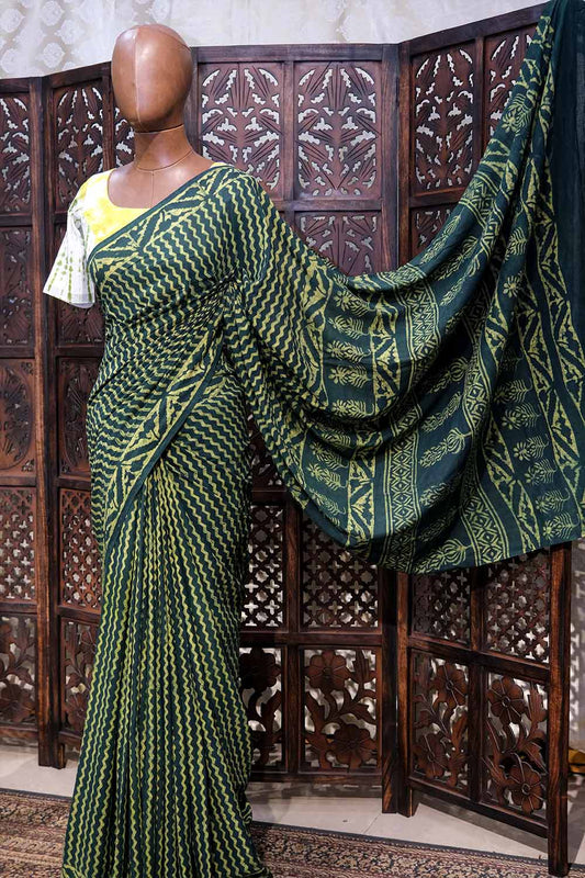 Indigo Green Mul mul Cotton Printed Saree