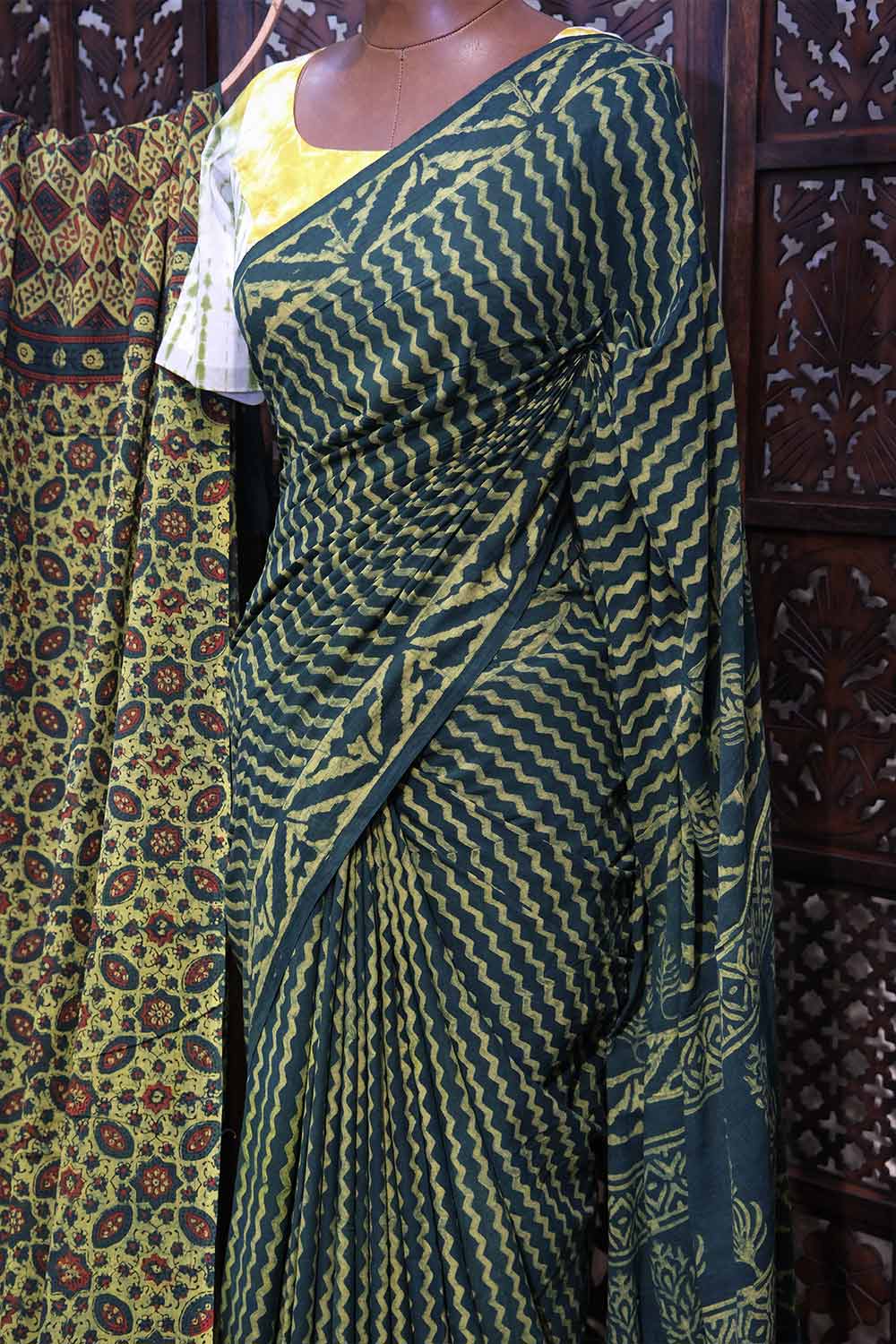 Indigo Green Mul mul Cotton Printed Saree