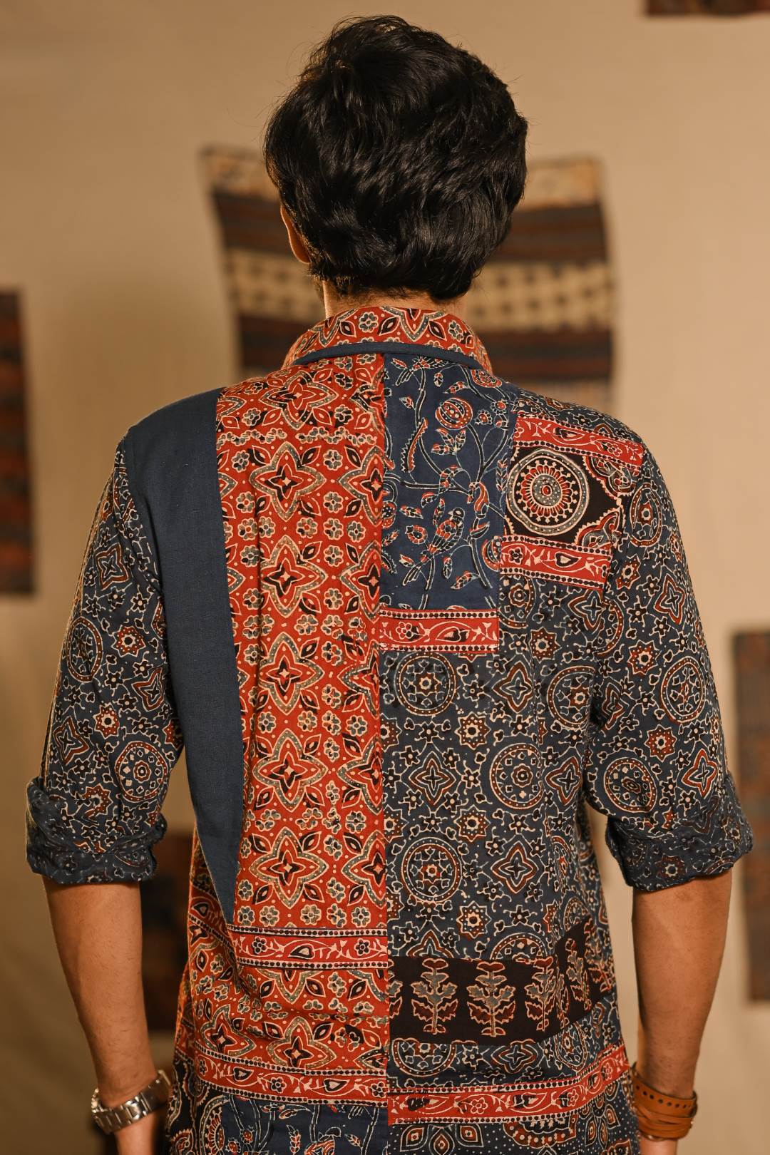 Asymmetric Ajrakh Patch Full Sleeve Shirt