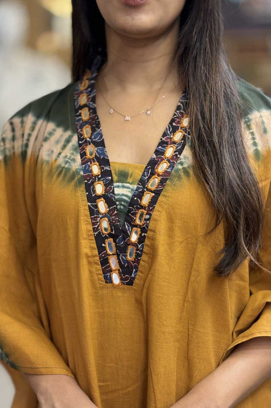 Yellow Kaftan Green Waves Print