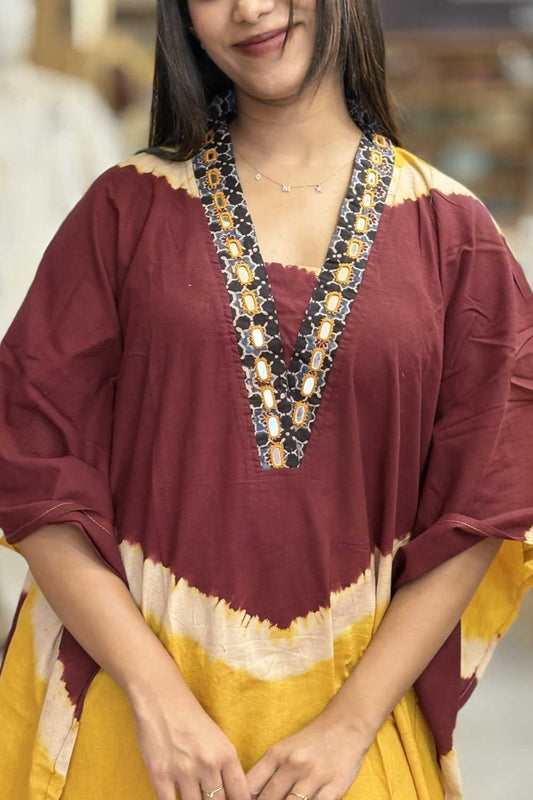 Maroon Yellow wave print Kaftan