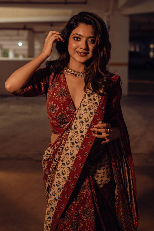 Off white & Red Ajrakh Patch Saree