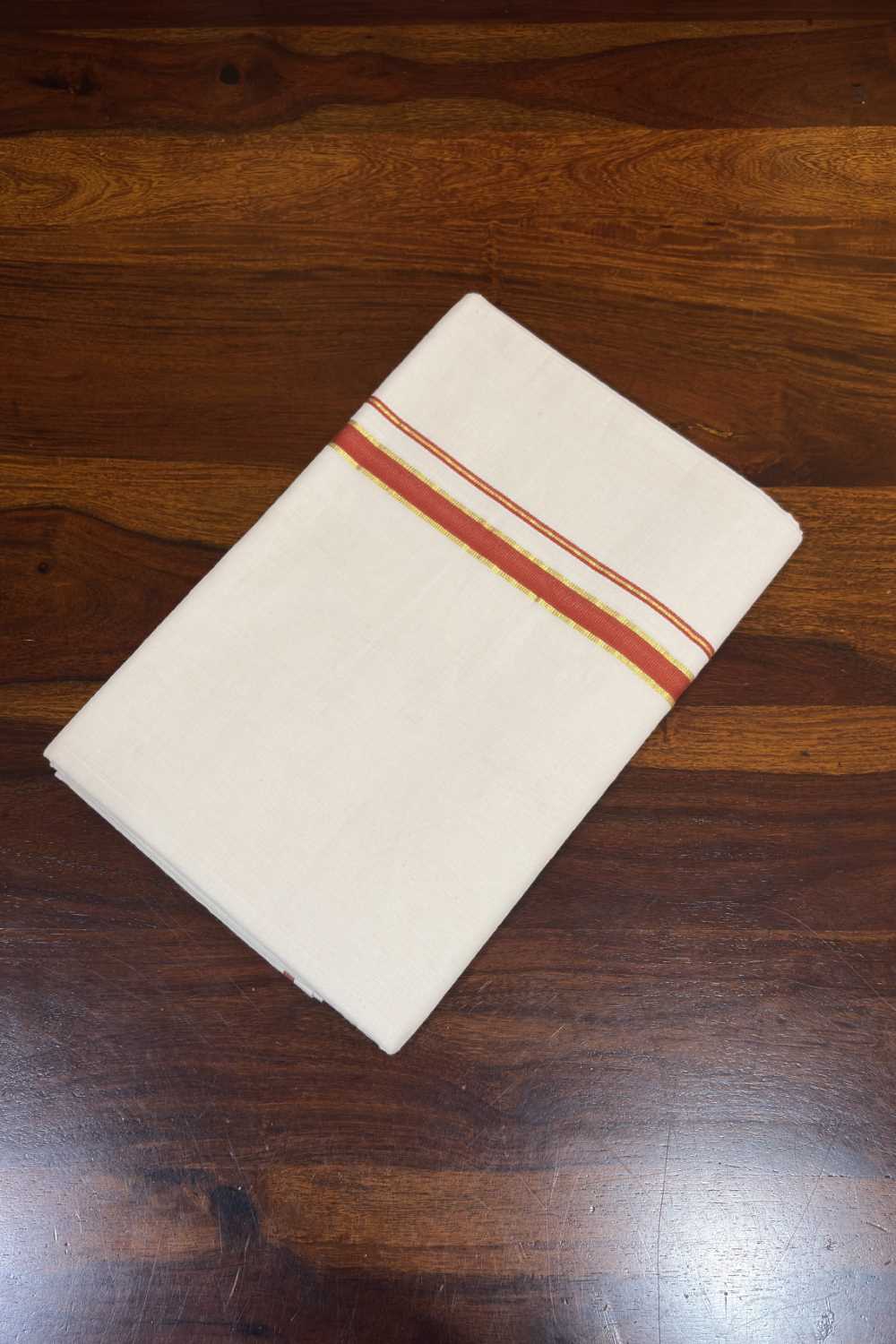 Offwhite Puliyilakara Saree Orange & Golden Border