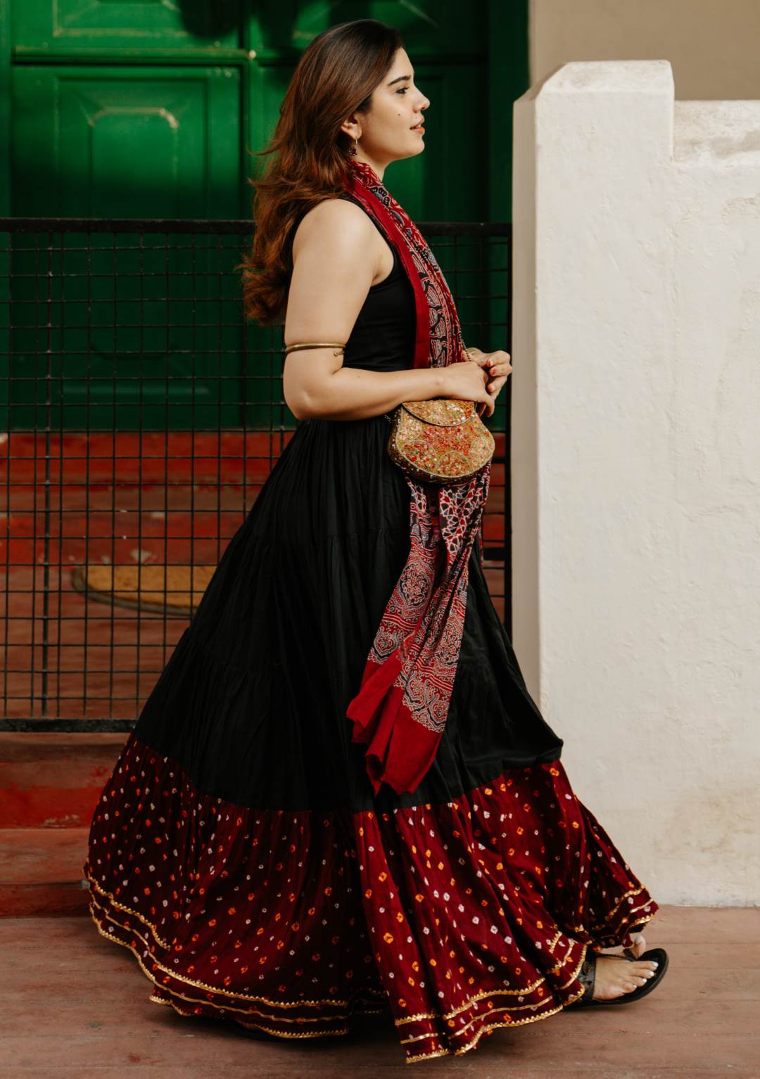 Black & Maroon Bandhini Skirt