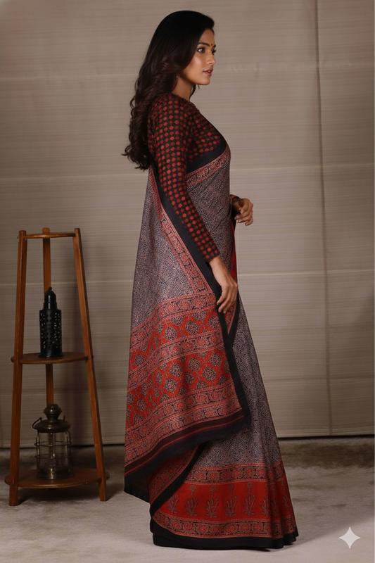 Black Base Ajrakh Modal Silk Saree