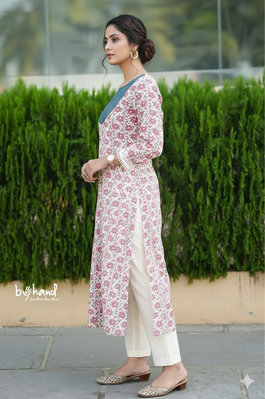 White Saganeri A Line Kurthi