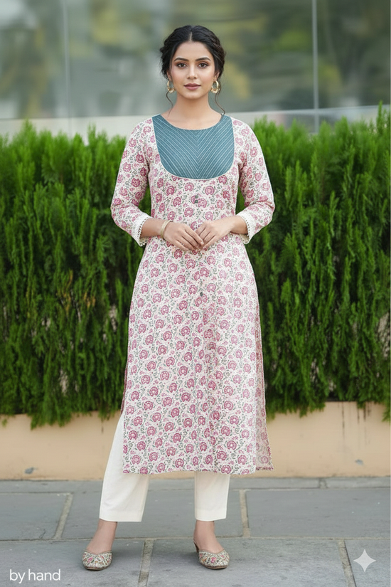 White Saganeri A Line Kurthi