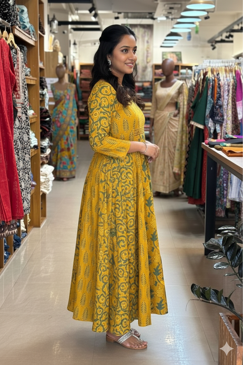Yellow Ajrakh 5 Panel Anarkali