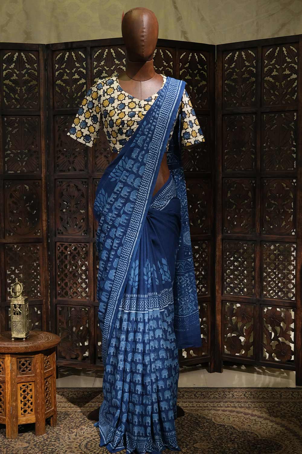 Indigo Mul mul Cotton Printed Saree