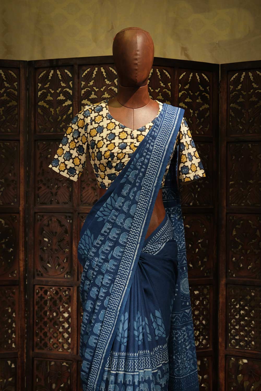 Indigo Mul mul Cotton Printed Saree
