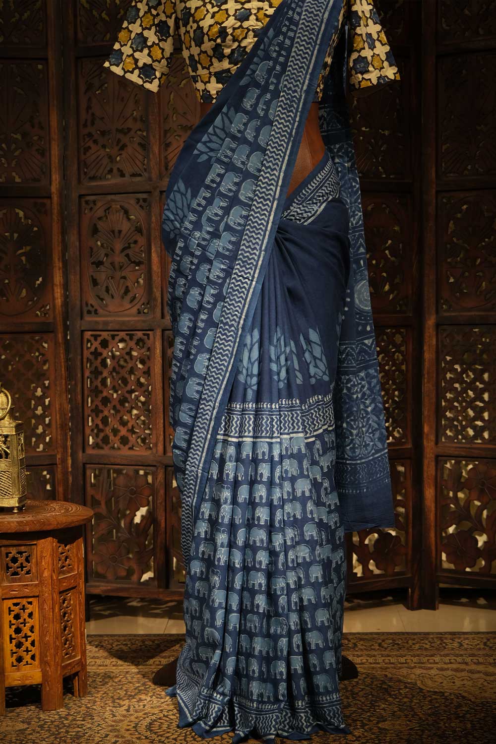 Indigo Mul mul Cotton Printed Saree