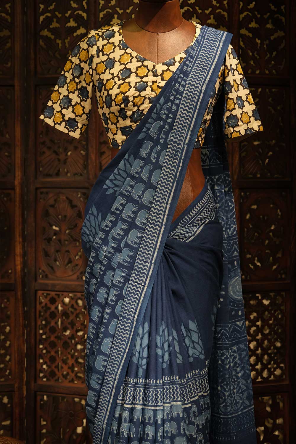 Indigo Mul mul Cotton Printed Saree