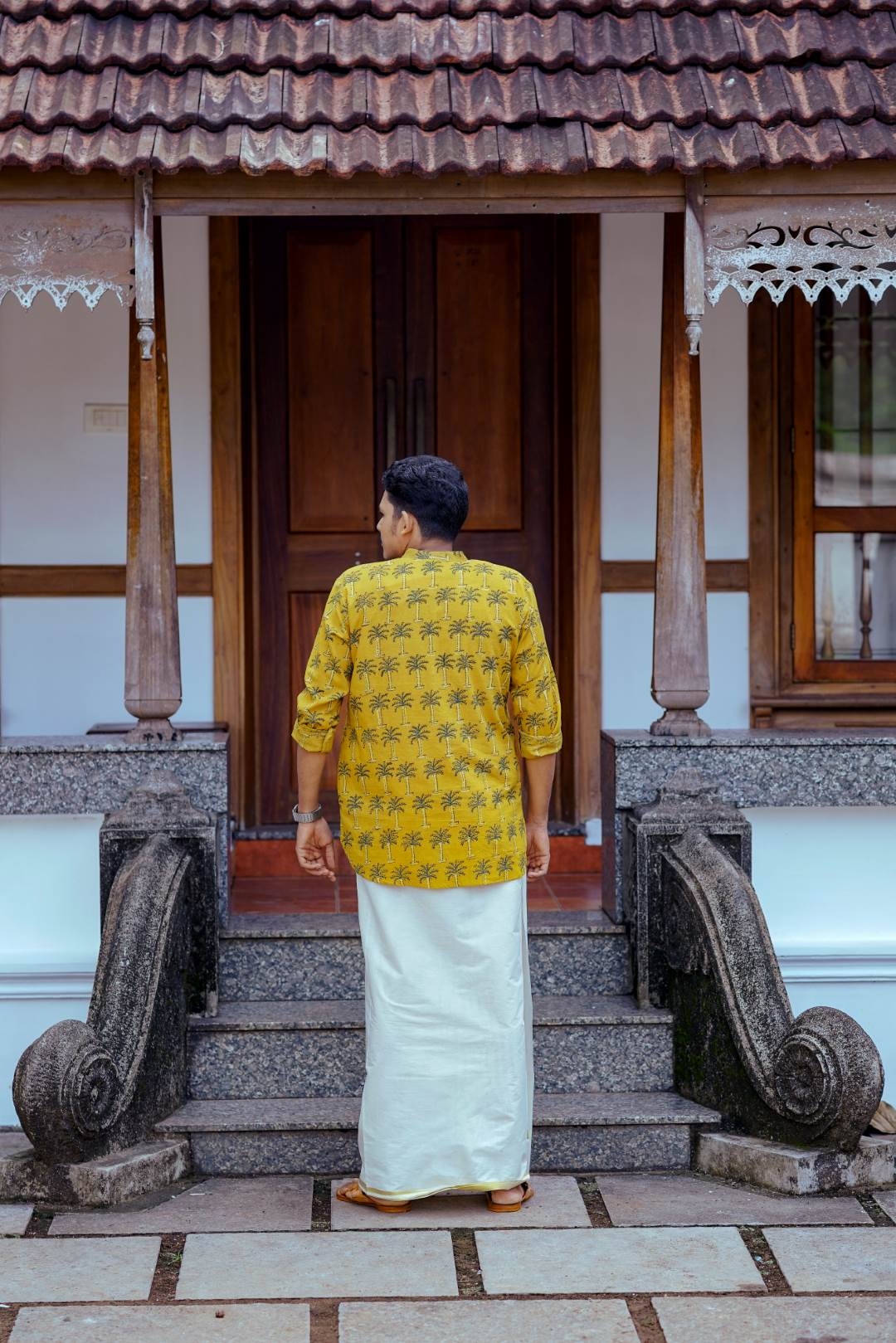 Ajrakh Full sleeve Yellow Kurtha with Coconut Tree Print