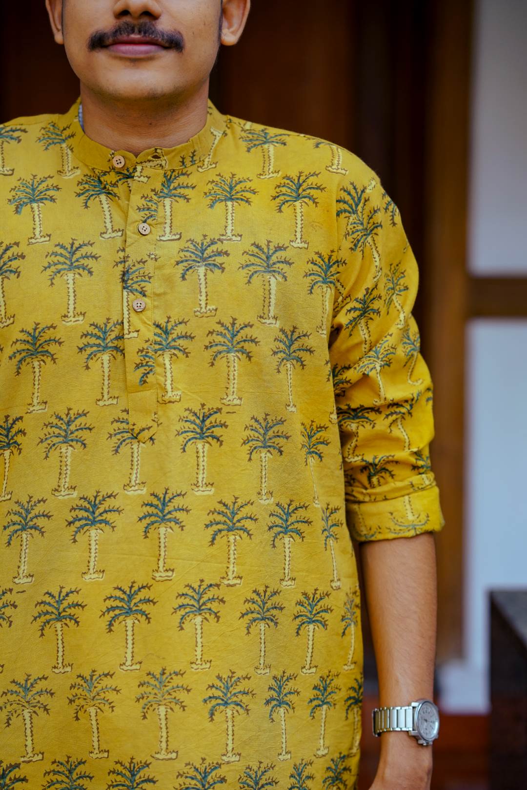 Ajrakh Full sleeve Yellow Kurtha with Coconut Tree Print