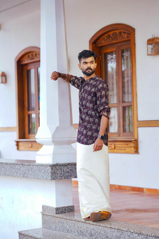 Ajrakh Full sleeve Black Kurtha with Coconut Tree Print