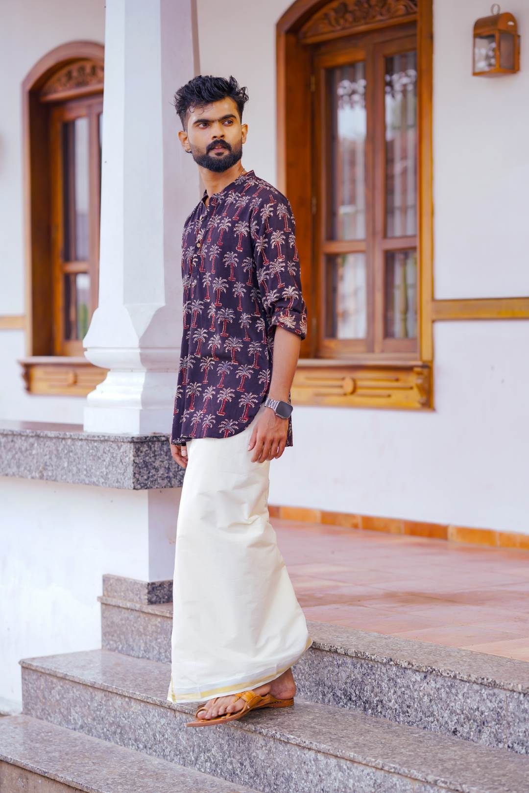 Ajrakh Full sleeve Black Kurtha with Coconut Tree Print
