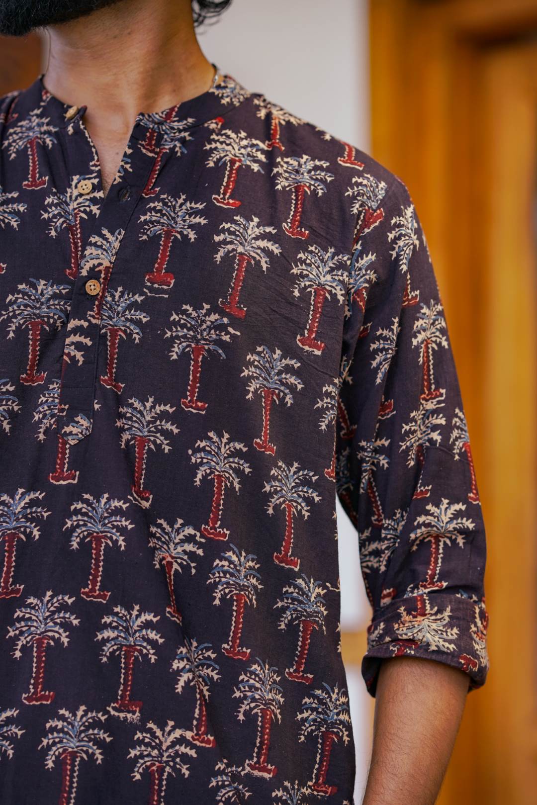 Ajrakh Full sleeve Black Kurtha with Coconut Tree Print