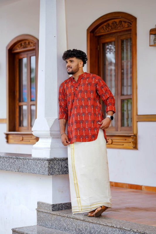 Ajrakh Full sleeve Red Kurtha with Coconut Tree Print