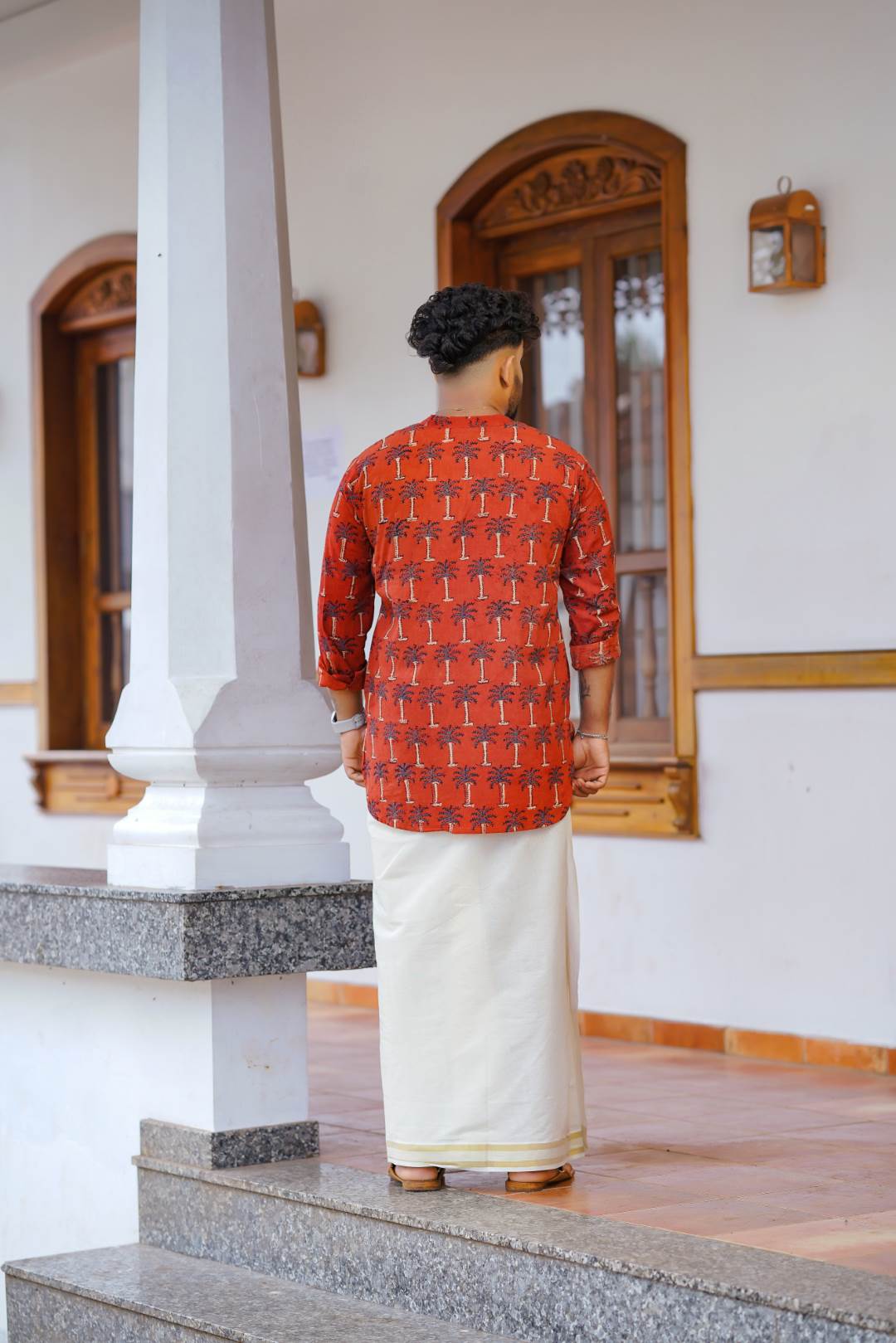 Ajrakh Full sleeve Red Kurtha with Coconut Tree Print