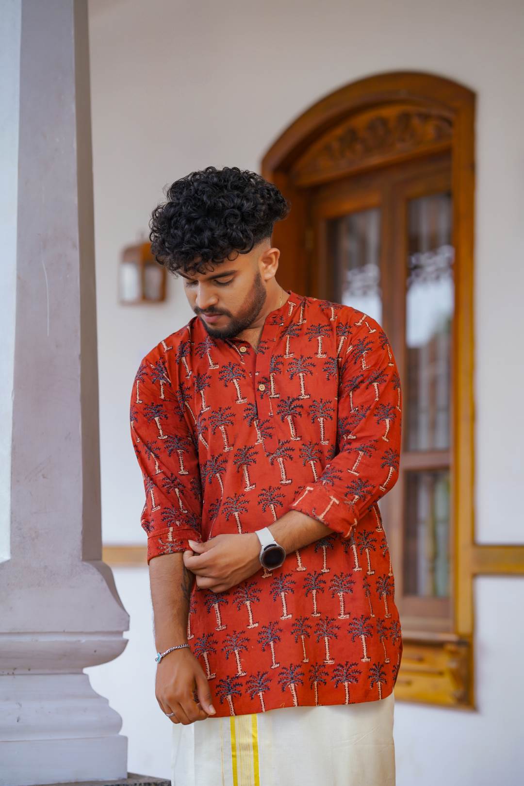Ajrakh Full sleeve Red Kurtha with Coconut Tree Print