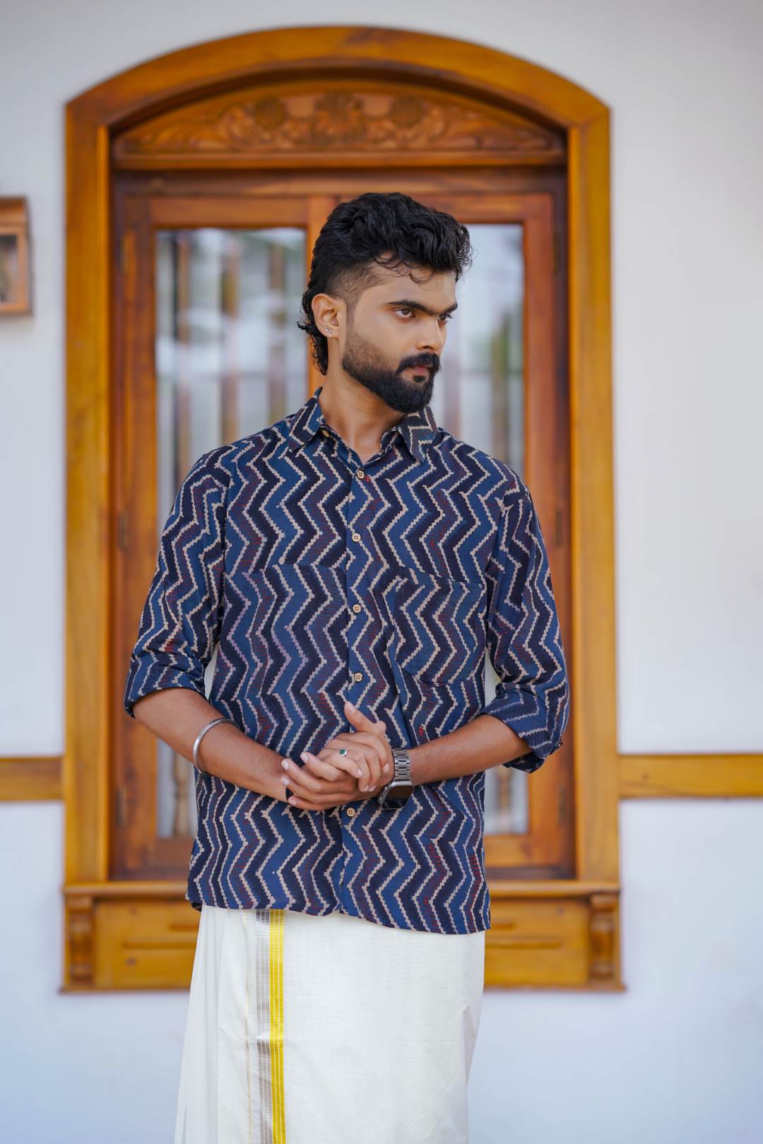Dark Blue Base Zig Zag Print Shirt