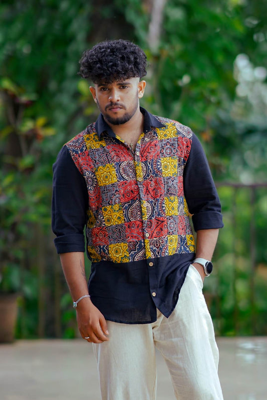 Black Base Half Ajrakh Patch Shirt