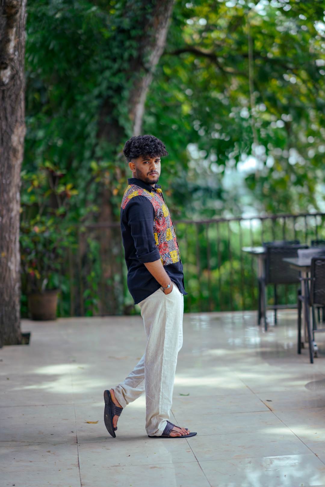 Black Base Half Ajrakh Patch Shirt