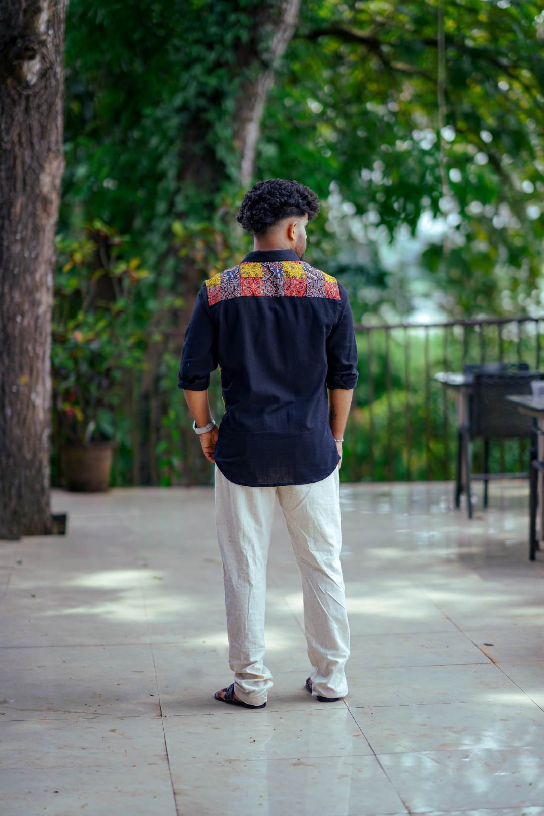 Black Base Half Ajrakh Patch Shirt