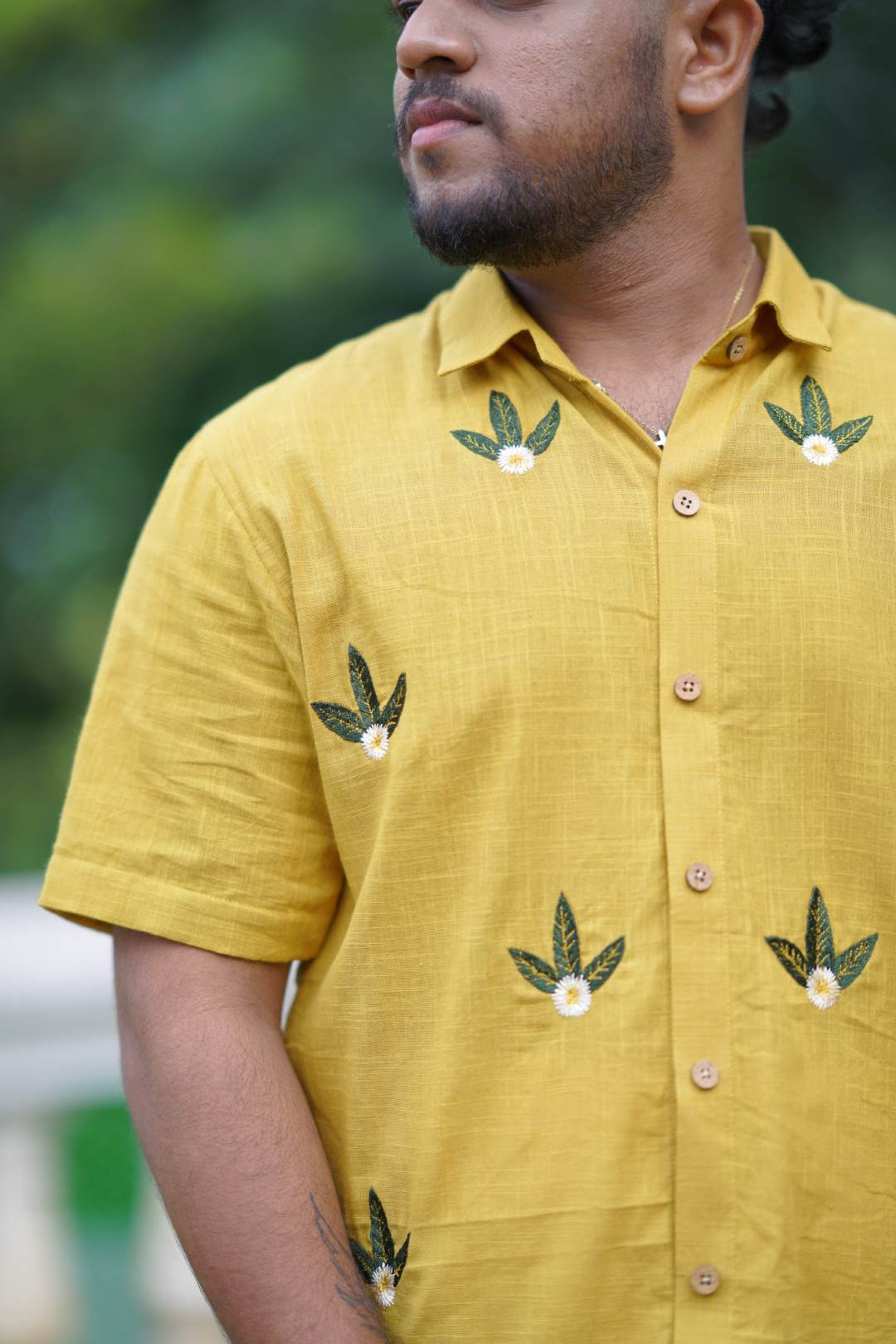 Yellow Shirt with white Flower & Leaf Embroidery