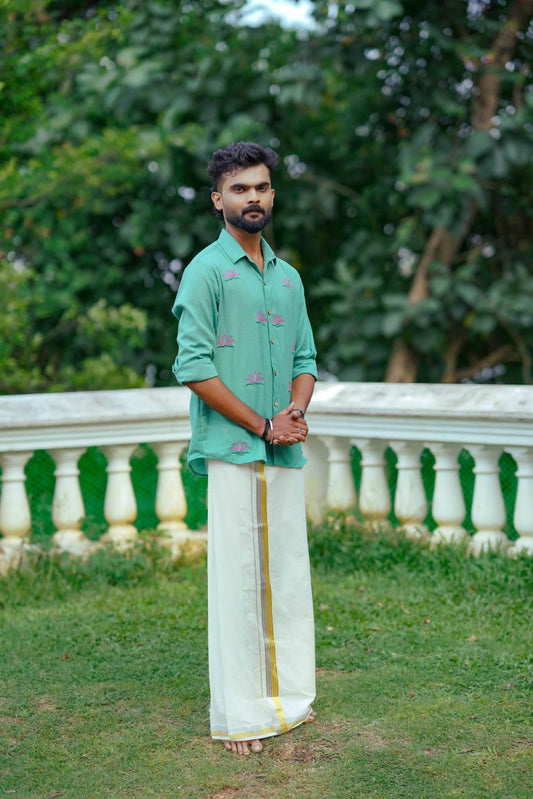 Mint Green Full Sleeve Shirt with Lotus Embroidery