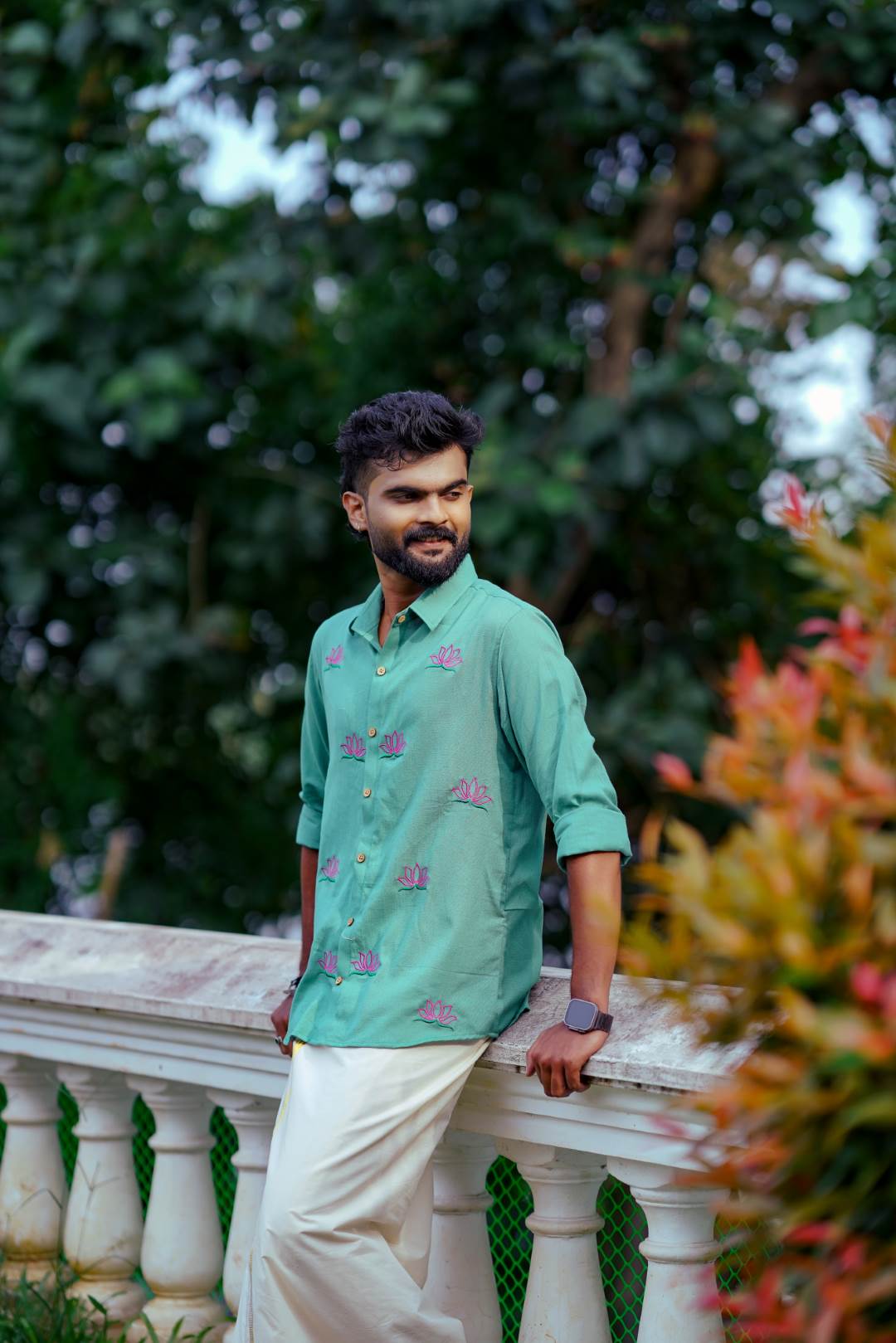 Mint Green Full Sleeve Shirt with Lotus Embroidery