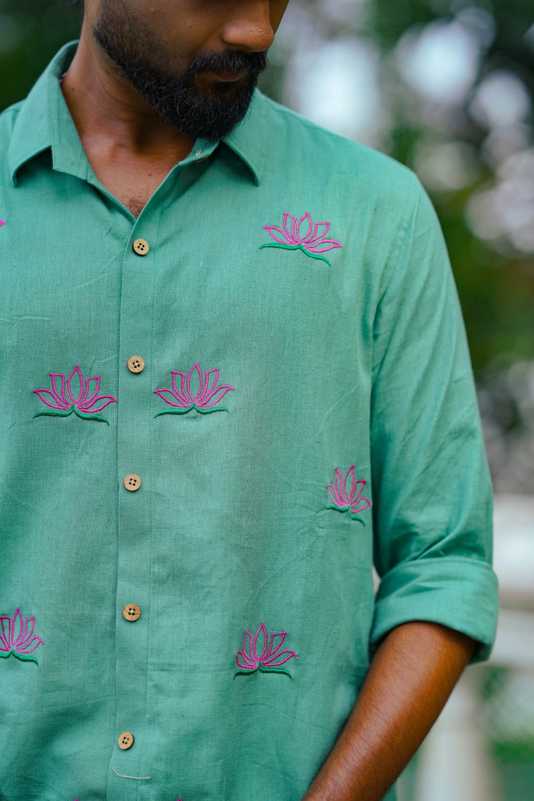 Mint Green Full Sleeve Shirt with Lotus Embroidery