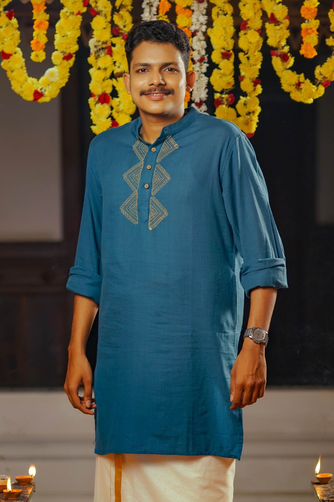 Peacock Blue Base Full sleeve Kurtha