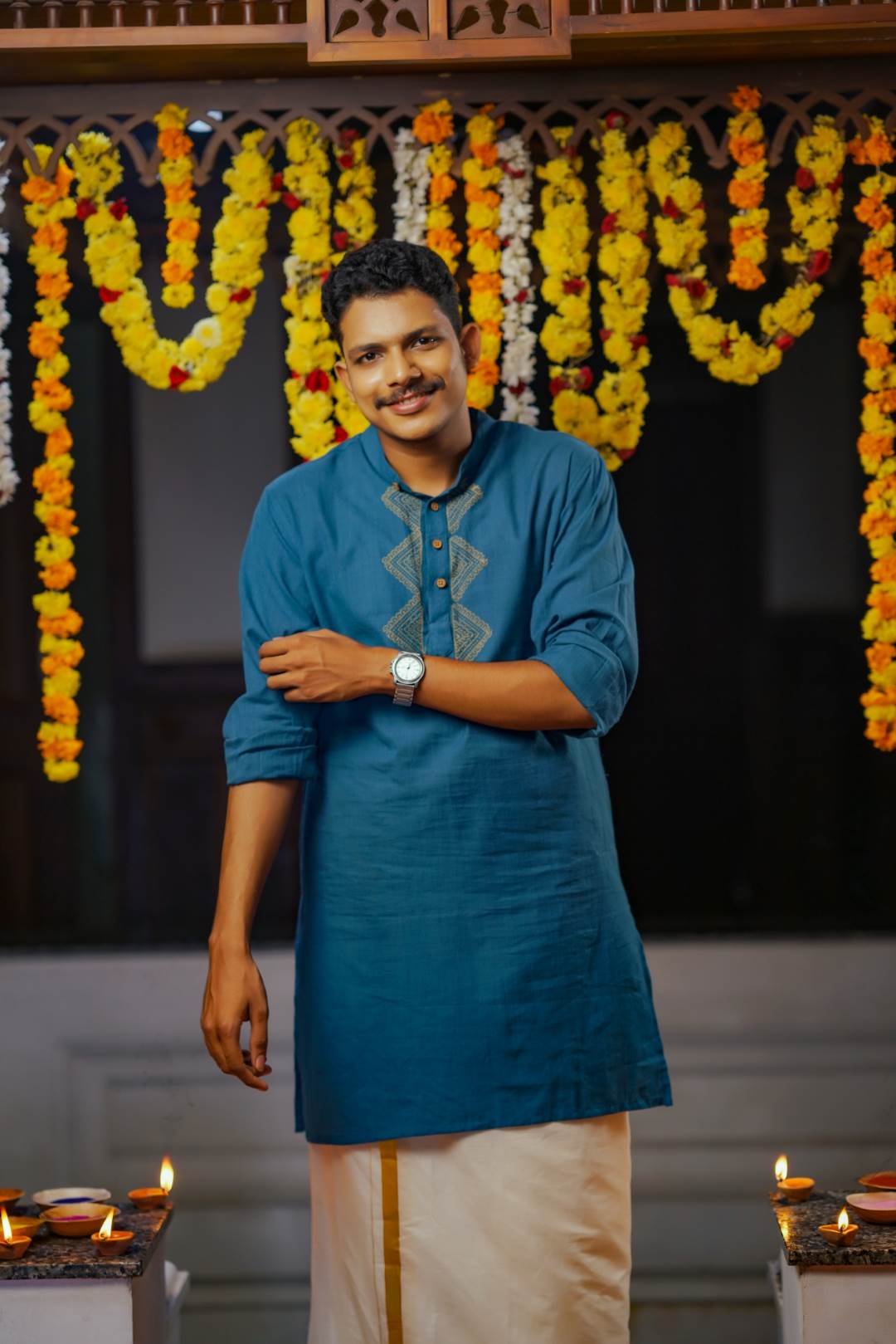 Peacock Blue Base Full sleeve Kurtha