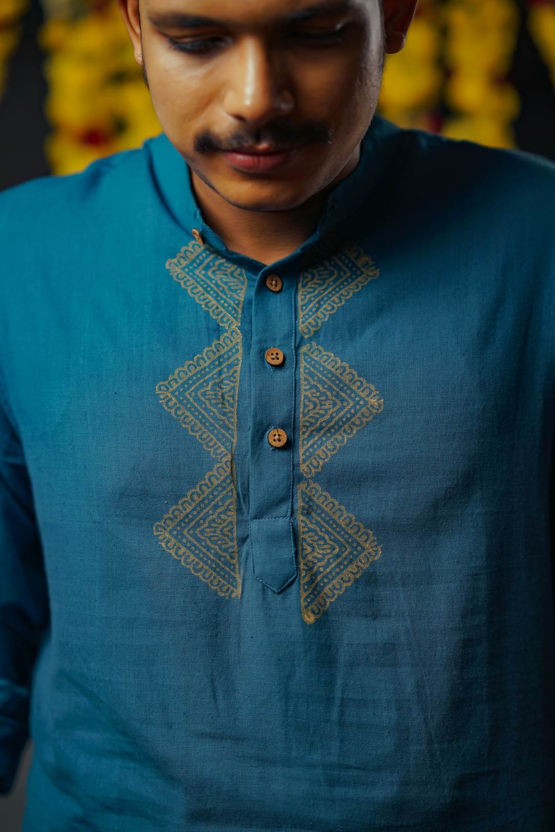 Peacock Blue Base Full sleeve Kurtha