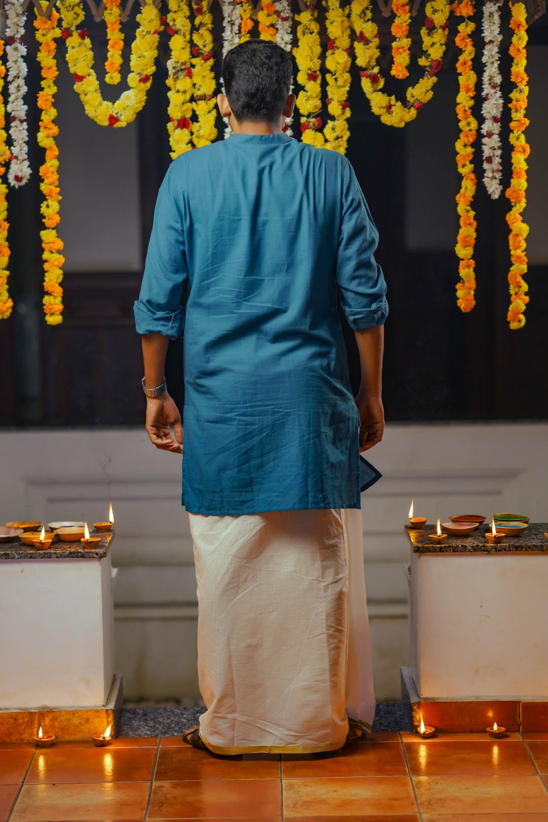 Peacock Blue Base Full sleeve Kurtha