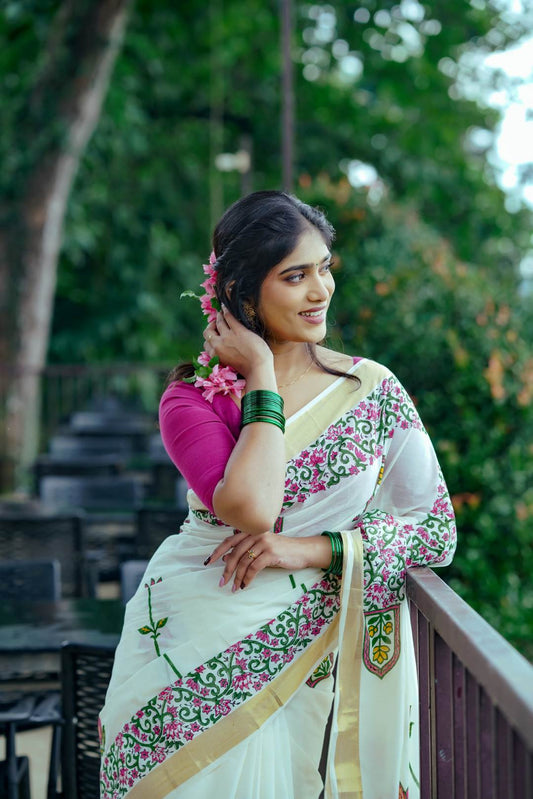 Offwhite Saree with Lotus & Flower Inside Window Print