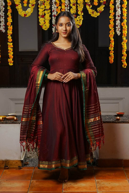 Maroon Narayanpet Umbrella Cut Dress