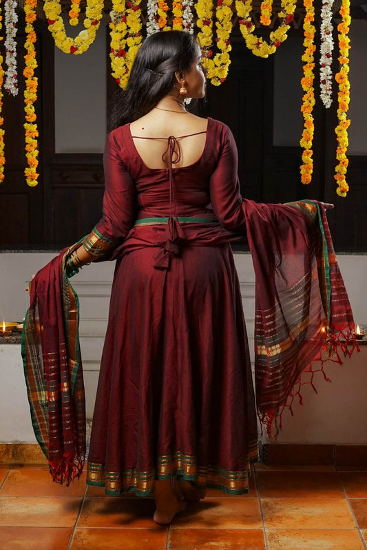 Maroon Narayanpet Umbrella Cut Dress