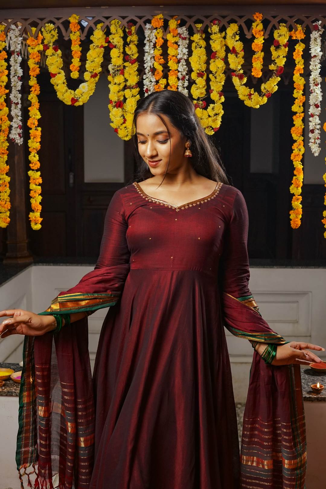 Maroon Narayanpet Umbrella Cut Dress