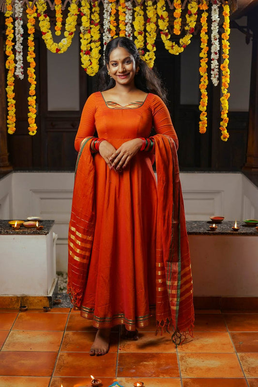 Orange Narayanpet Umbrella Cut Dress
